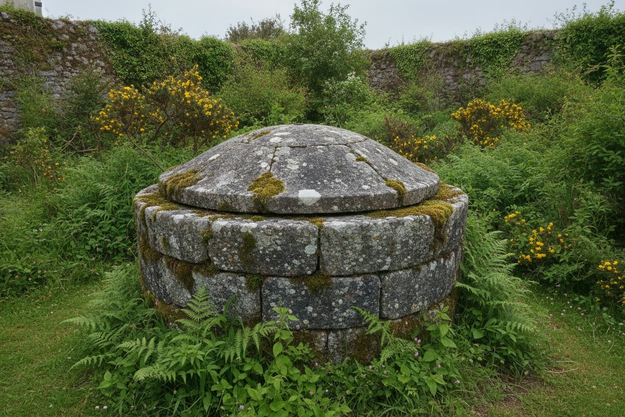 Puits maçonné en pierre ancien dans un jardin breton, margelle et couverture d'origine