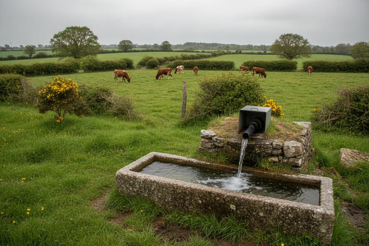 Abreuvoir agricole alimenté par un forage dans un pâturage breton, bovins au second plan