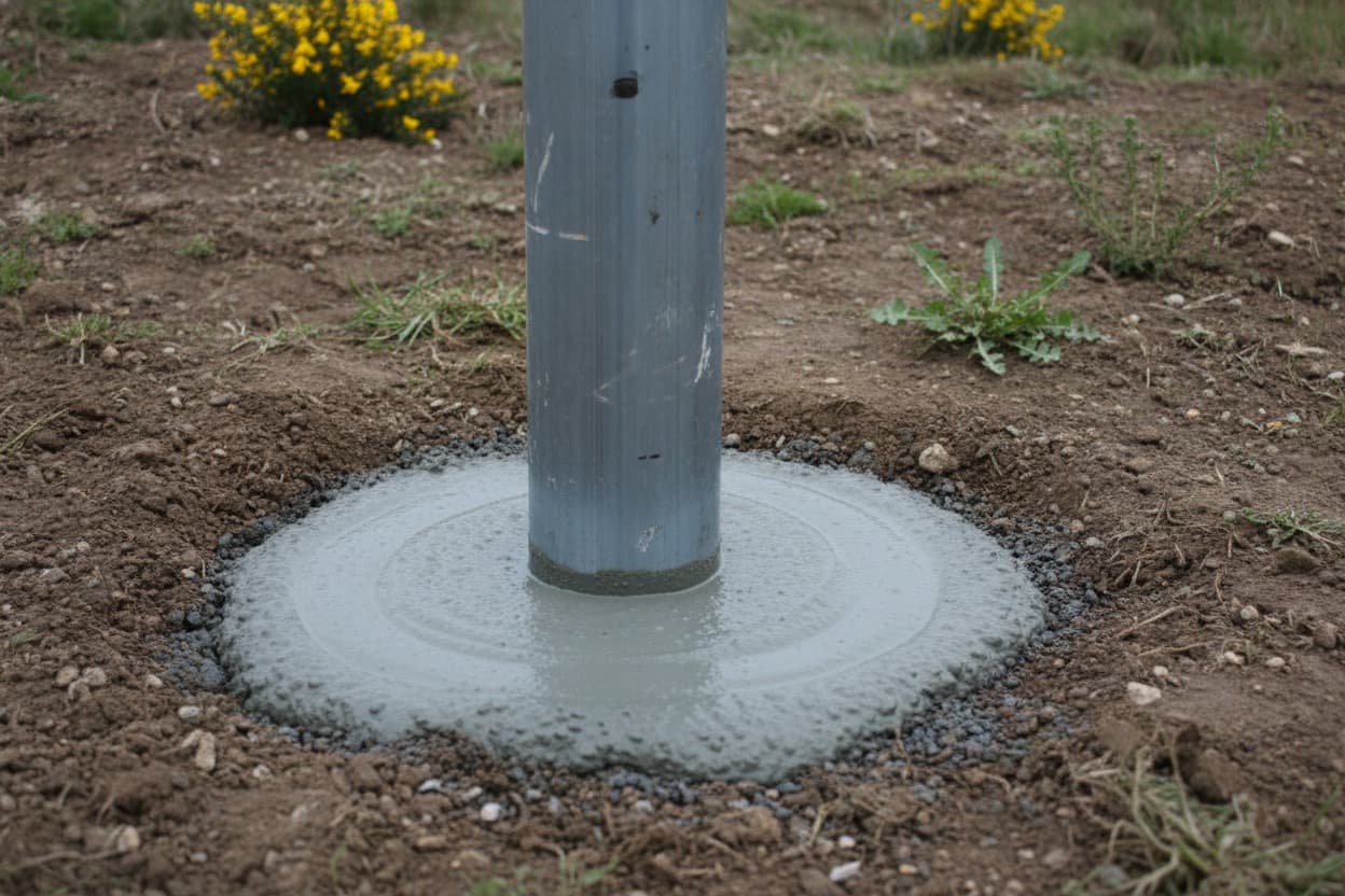 Cimentation grise fraîche autour d'un tubage de sonde géothermique verticale sortant du sol