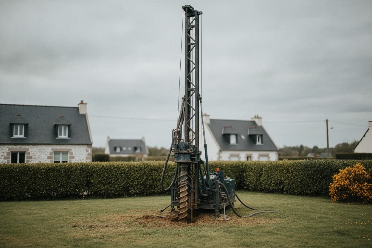 Machine de forage verticale installée sur un terrain pavillonnaire breton pour la pose d'une sonde géothermique