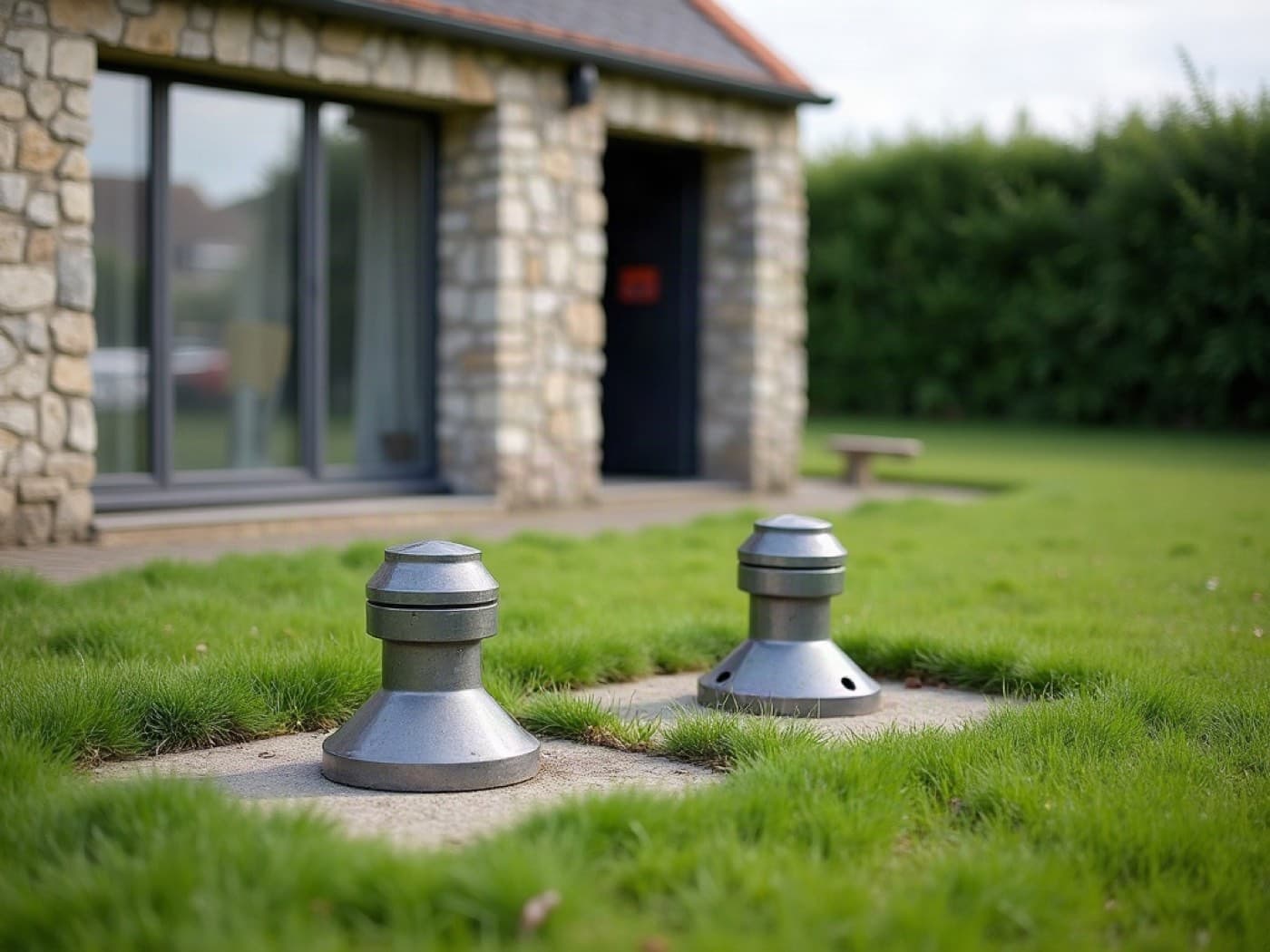 Deux têtes de forage coiffées de leur capot dans une pelouse, devant le local technique d'une maison
