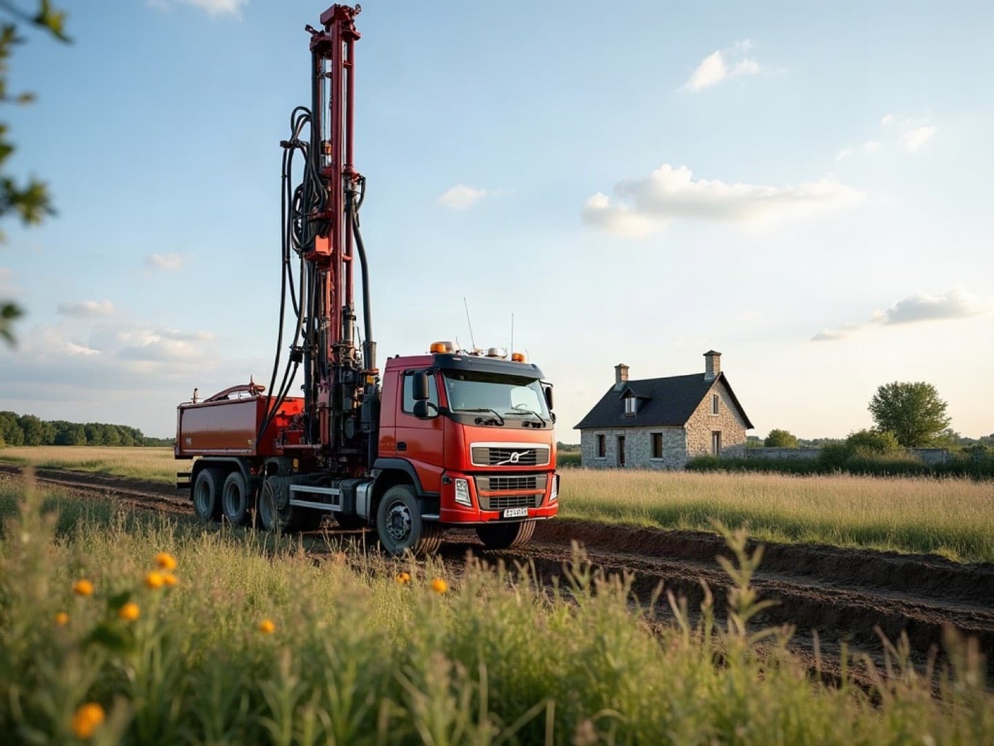 Machine de forage de puits au mât dressé sur une parcelle bretonne, maison de pierre et ajoncs en fleur en arrière-plan