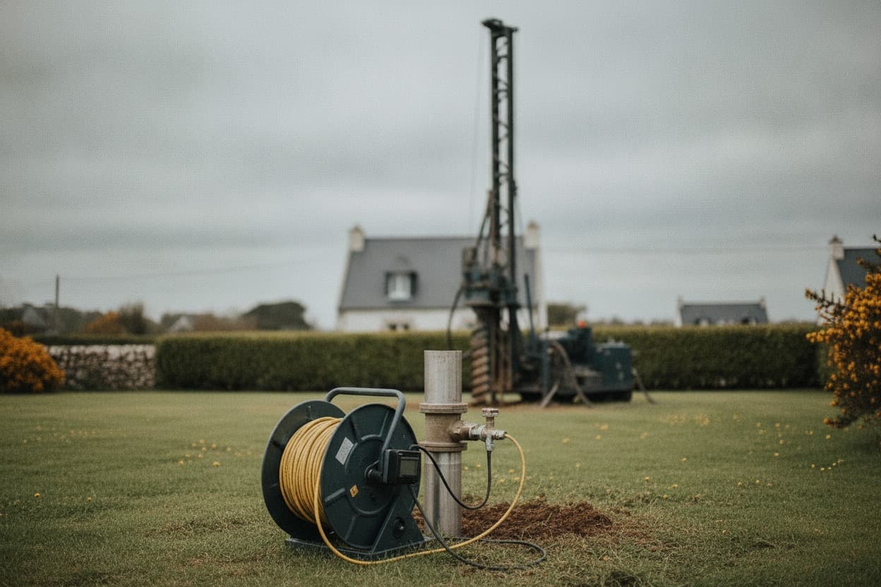 Touret du câble de sonde de mesure posé au pied d'une tête de forage équipée