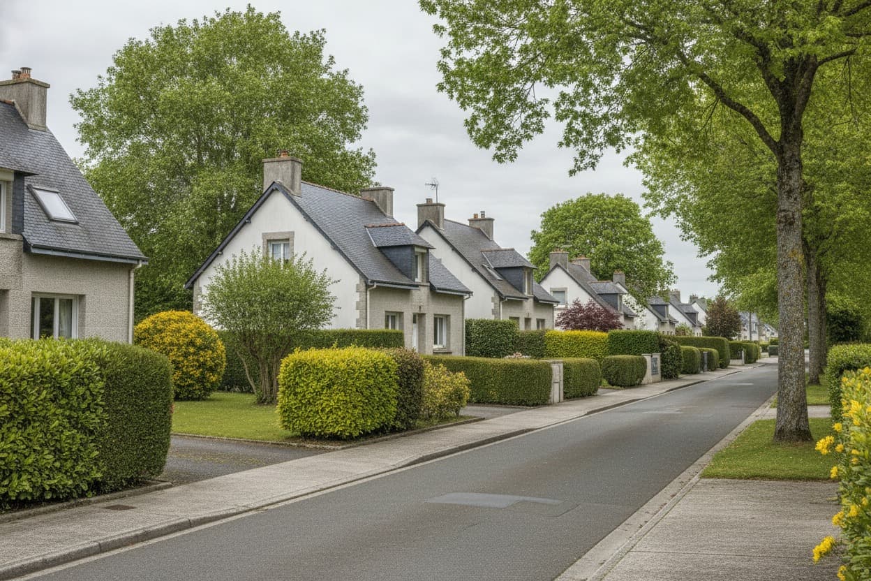 Quartier pavillonnaire en périphérie de Rennes, jardins et allées bordées de haies