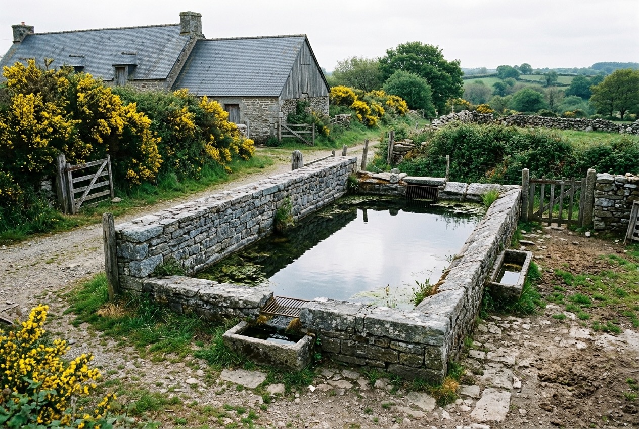 Réserve d'eau agricole en bordure de pâturage breton, bovins au second plan
