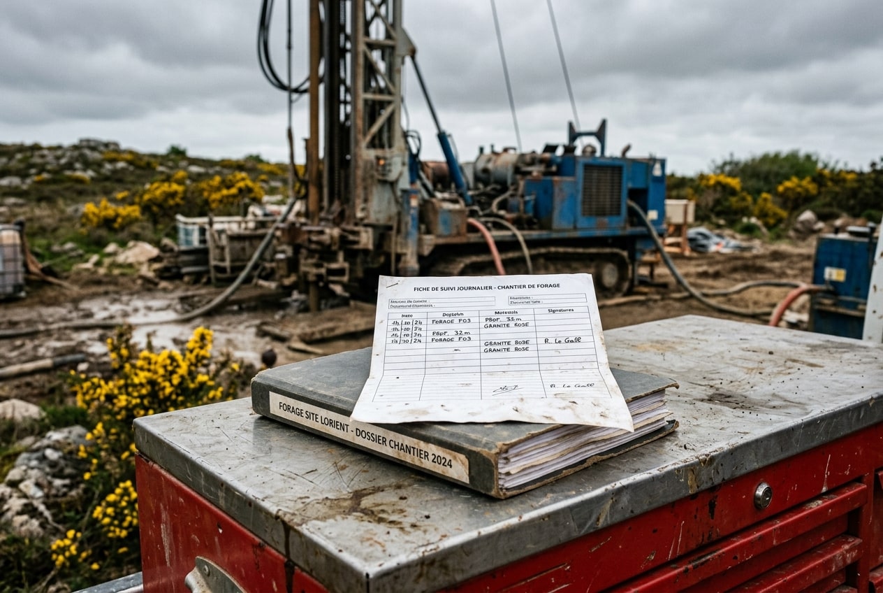 Chantier de forage géothermique résidentiel en Bretagne, vue d'ensemble sans personne